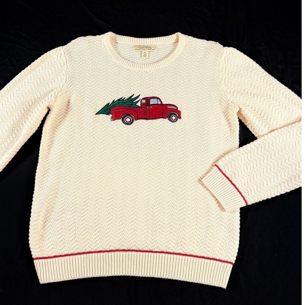 Cabelas Mens Christmas Tree Red Truck Sweater Cream Cotton Knit Medium Farmhouse
